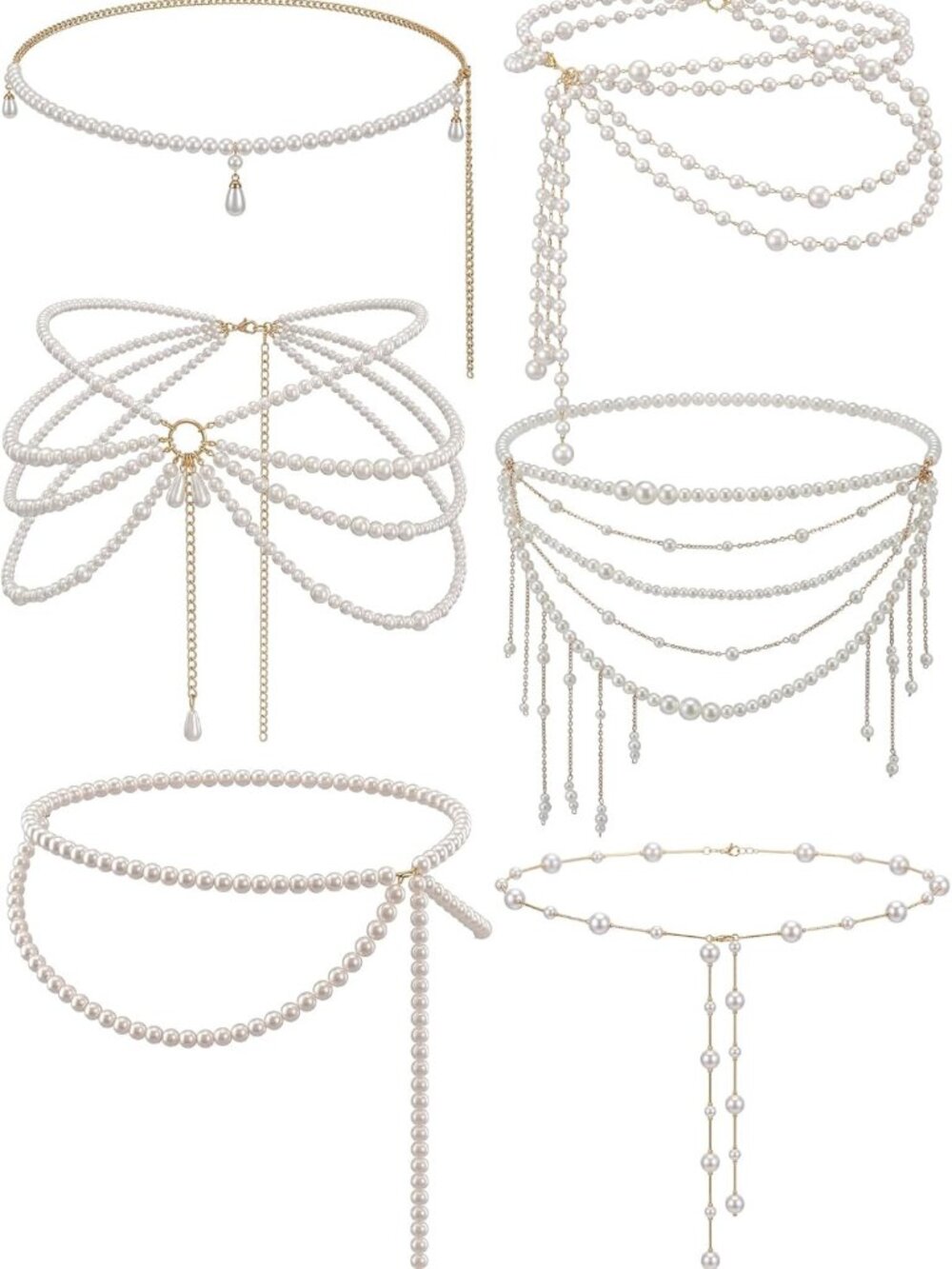 6-Piece Pearl Tassel Waist Chain - Vintage Layered Body Chain Belt for Weddings
